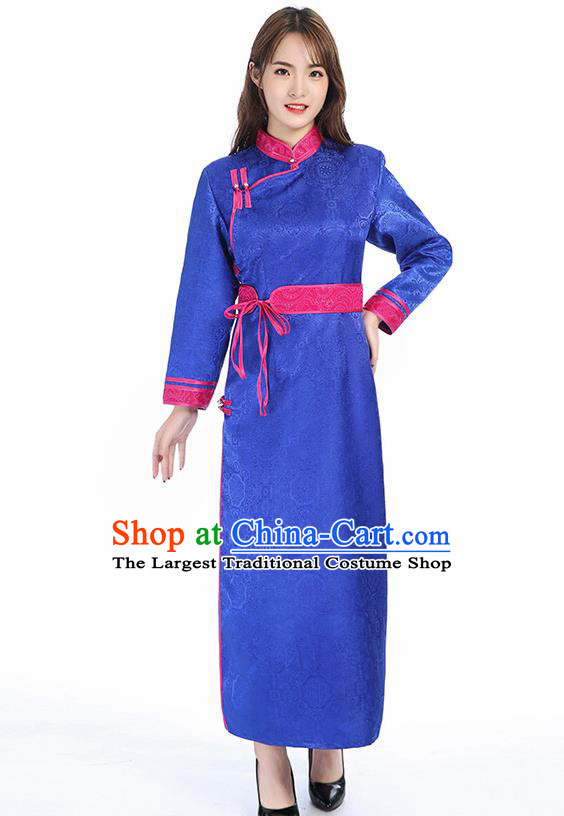 Traditional Chinese Mongol Minority Royalblue Brocade Mongolian Robe Apparels Ethnic Costume Mongolian Nationality Women Garment Dress