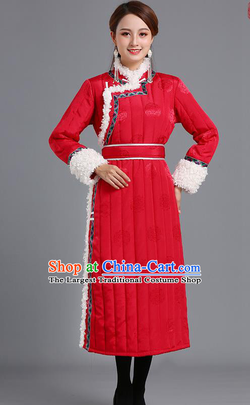 Traditional Chinese Mongol Minority Women Red Mongolian Robe Apparels Ethnic Costume Mongolian Nationality Winter Garment