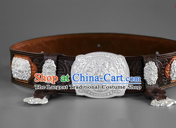 Traditional Chinese Mongol Minority Deep Brown Leather Belt Mongolian Ethnic Folk Dance Waistband for Men