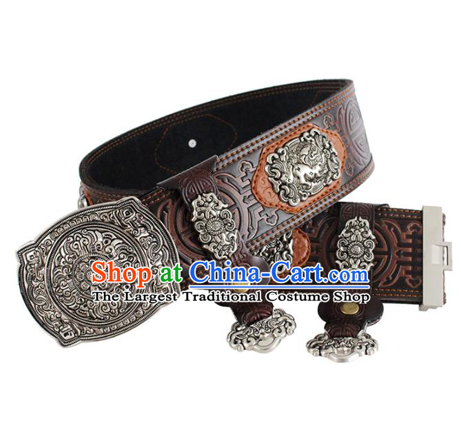 Traditional Chinese Mongol Minority Brown Leather Belt Mongolian Ethnic Folk Dance Waistband for Men