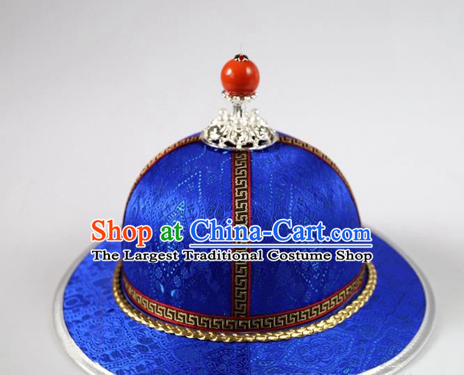 Traditional Chinese Mongol Minority Children Royalblue Brocade Hat Mongolian Ethnic Dance Performance Headwear for Kids