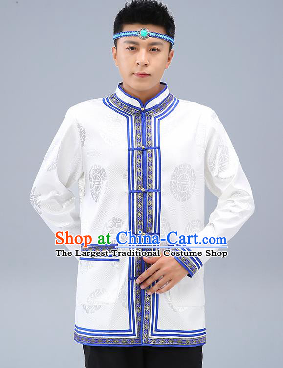 Chinese Traditional Mongolian Men White Brocade Shirt Mongol Minority Costume Ethnic Dance Upper Outer Garment