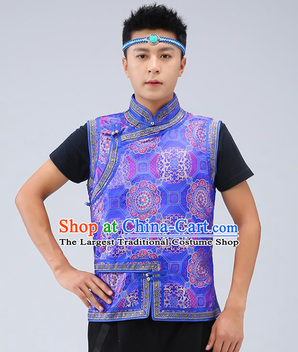 Chinese Traditional Mongol Minority Royalblue Brocade Vest Mongolian Costume Ethnic Men Upper Outer Garment Waistcoat