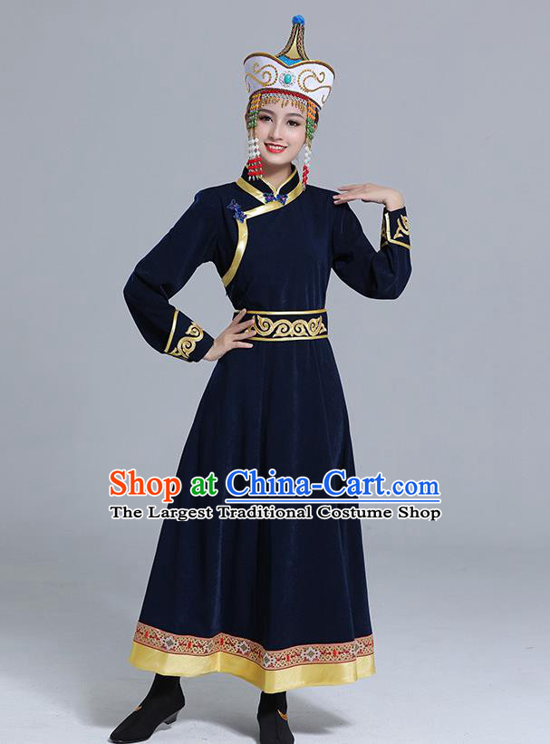 Traditional Chinese Mongol Minority Wedding Mongolian Robe Dance Apparels Mongolian Nationality Costume Ethnic Women Navy Dress Garment