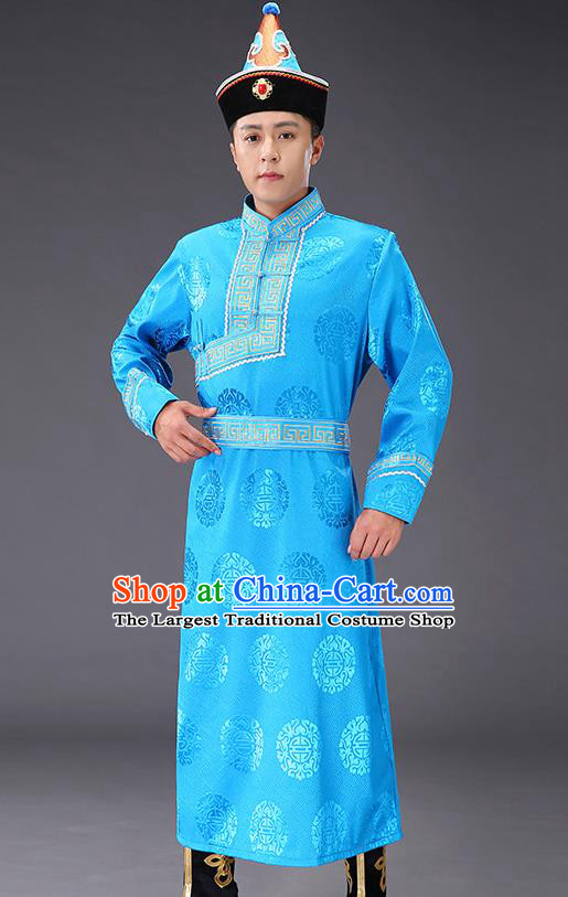 Chinese Traditional Mongol Minority Men Blue Mongolian Robe Costume Ethnic Stage Performance Garment