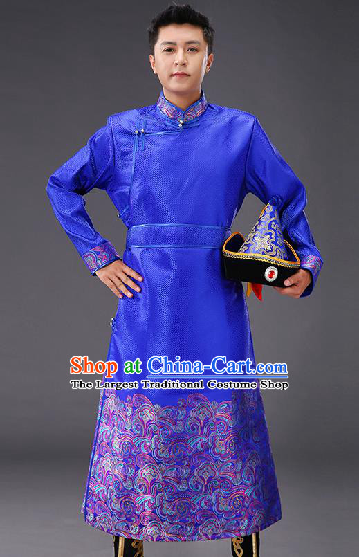 Chinese Traditional Mongol Minority Men Costume Ethnic Stage Performance Garment Royalblue Brocade Mongolian Robe