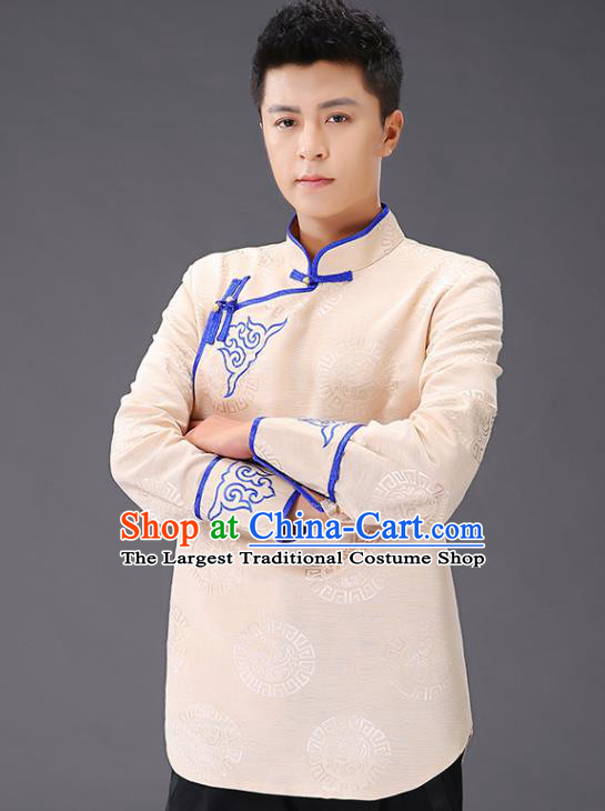 Chinese Traditional Mongol Minority Costume Ethnic Men Shirt Garment Mongolian Beige Jacket