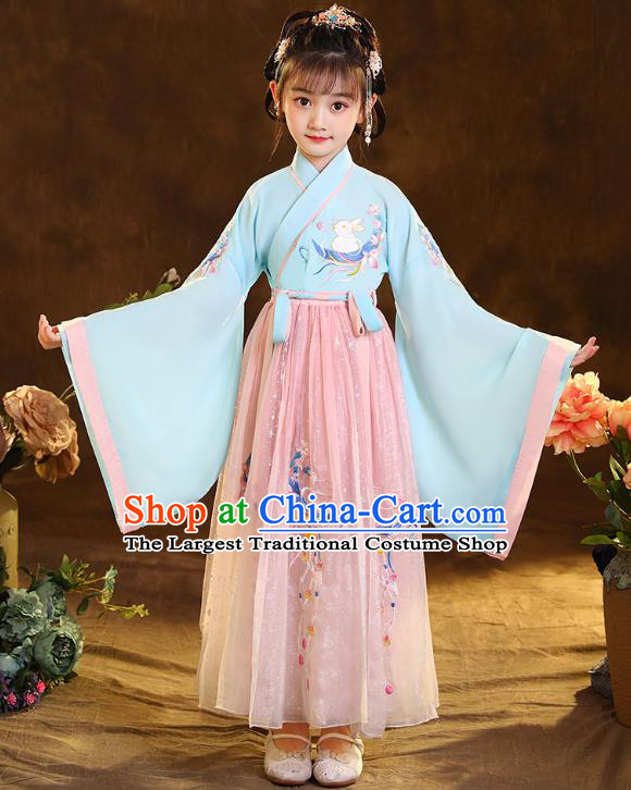 Chinese Traditional Hanfu Blue Blouse and Pink Skirt Ancient Jin Dynasty Girl Costumes Apparels for Kids