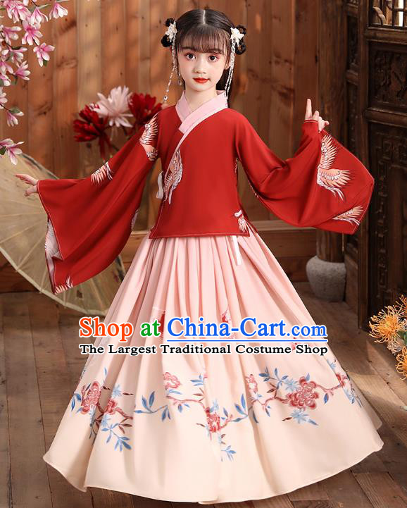 Chinese Traditional Hanfu Dress Ancient Ming Dynasty Girl Costumes Red Blouse and Skirt Apparels for Kids