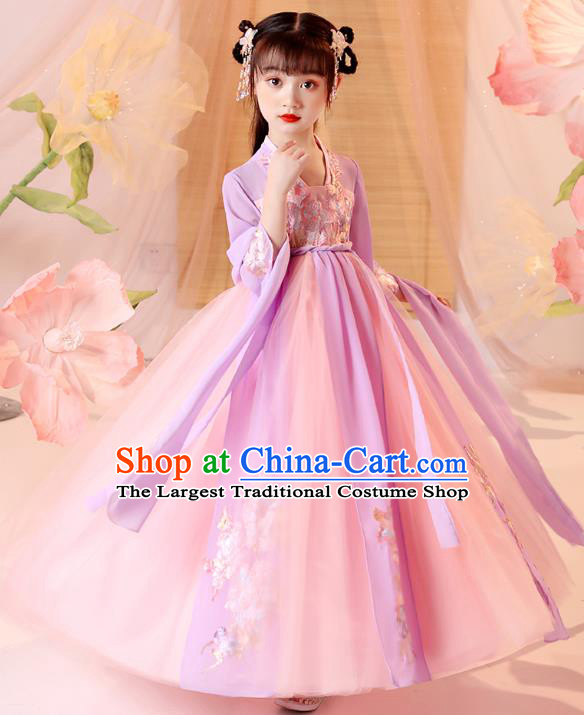 Chinese Traditional Tang Suit Lilac Hanfu Dress Ancient Song Dynasty Girl Costumes Stage Show Apparels for Kids