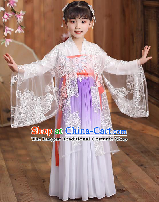 Chinese Traditional Hanfu Dress Apparels Ancient Princess Costumes Stage Show Girl White Cloak Blouse and Lilac Skirt for Kids