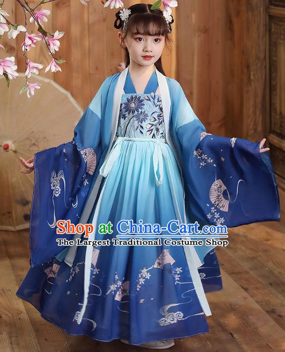 Chinese Traditional Deep Blue Hanfu Dress Apparels Ancient Princess Costumes Stage Show Girl Cape Blouse and Skirt for Kids