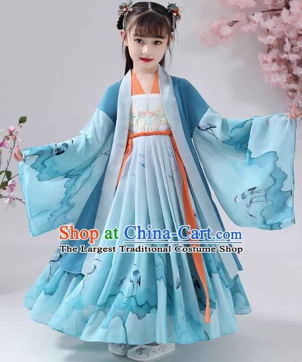 Chinese Traditional Blue Chiffon Hanfu Dress Apparels Ancient Princess Costumes Stage Show Girl Cape Blouse and Skirt for Kids