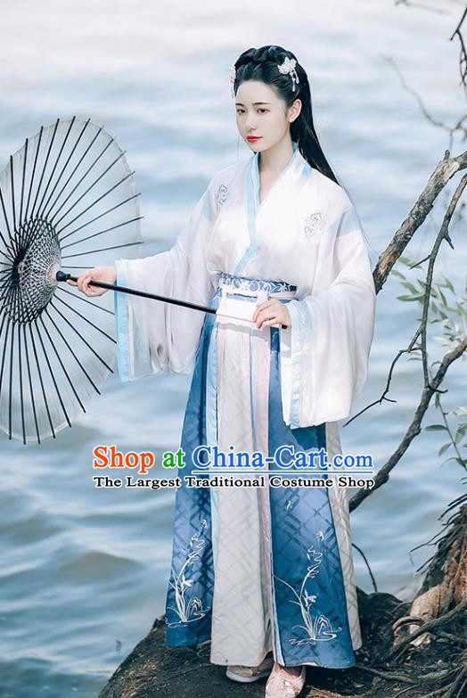 Chinese Ancient Princess White Top Blouse and Skirt Traditional Hanfu Apparels Jin Dynasty Palace Lady Historical Costumes