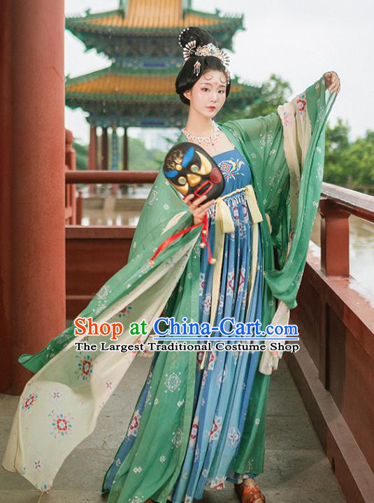 Chinese Ancient Imperial Concubine Hanfu Dress Traditional Apparels Costumes Tang Dynasty Court Lady Garment Green Cloak and Blue Dress