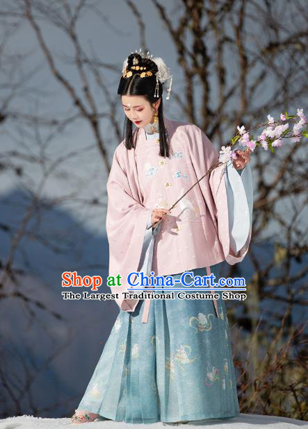 Chinese Ancient Hanfu Apparels Traditional Ming Dynasty Historical Costumes Patrician Lady Embroidered Pink Blouse and Skirt Full Set