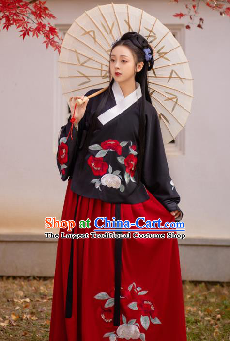 Chinese Ming Dynasty Princess Costumes Traditional Ancient Noble Lady Garment Hanfu Embroidered Black Blouse and Red Skirt Full Set