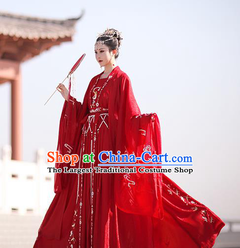 Chinese Traditional Wedding Hanfu Tang Dynasty Princess Costumes Ancient Bride Garment Red Cloak Blouse and Skirt Full Set