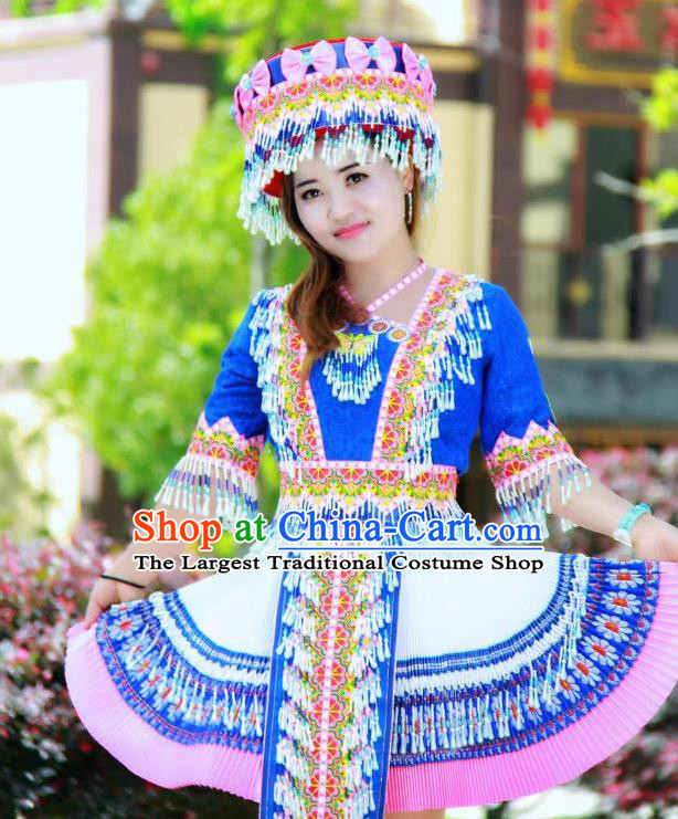 China Miao Ethnic Folk Dance Royalblue Short Dress Minority Nationality Costumes Women Apparels and Headwear