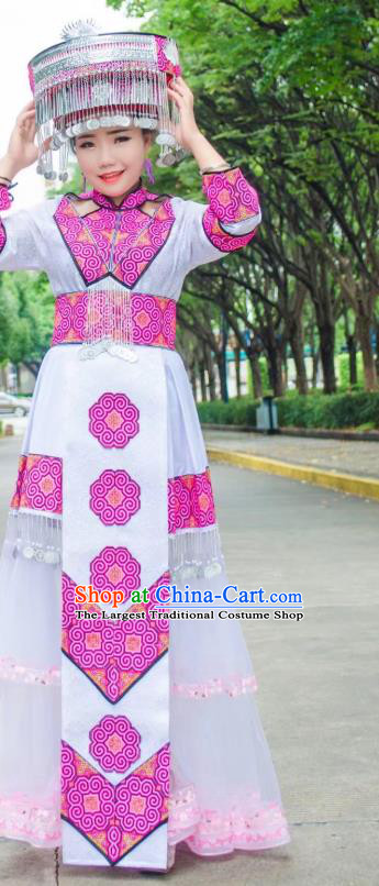 China Yao Ethnic Embroidered White Dress Yunnan Nationality Bride Apparels Miao Minority Wedding Clothing and Hair Accessories