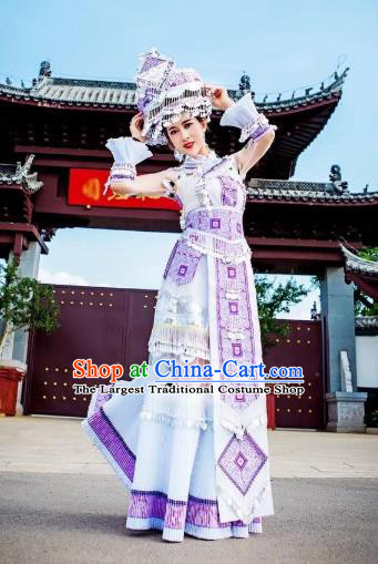 China Yunnan Ethnic Women Apparels Miao Nationality Minority Folk Dance Clothing White Long Dress and Hat