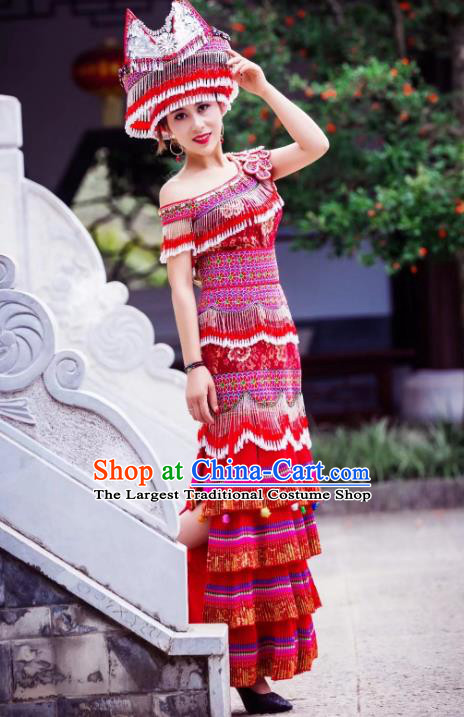 Yunnan Mengzi Ethnic Women Apparels Minority Wedding Red Long Dress China Miao Nationality Clothing and Headwear