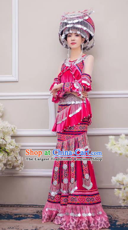 China Guizhou Nationality Bride Apparels Miao Minority Wedding Clothing Ethnic Embroidered Rosy Velvet Long Dress and Headwear