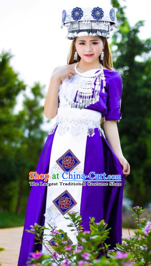 Top Grade Miao Ethnic Female Apparels Minority Folk Dance Clothing China Nationality Purple Long Dress with Headpiece