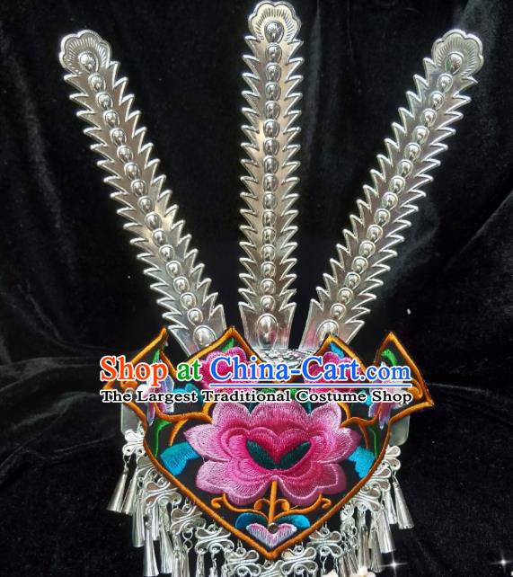 China Miao Nationality Embroidered Hair Crown Handmade Ethnic Minority Hair Accessories Bride Silver Phoenix Coronet