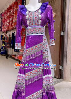 Traditional China Hmong Bride Costumes Yunnan Mengzi Ethnic Clothing Miao Minority Women Purple Long Dress