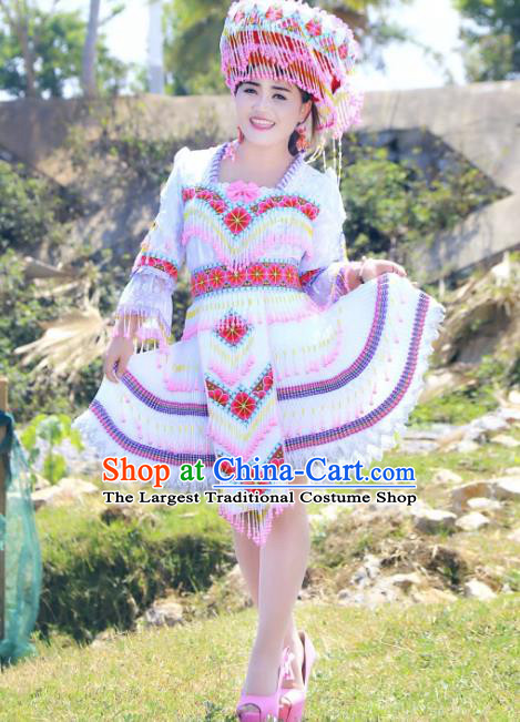 China Miao Ethnic Women Clothing Traditional Festival Folk Dance Costume Minority Female Apparels and Hat