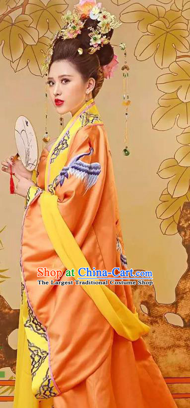 Chinese Tang Dynasty Empress Costumes Ancient Imperial Consort Yellow Hanfu Dress Embroidered Court Clothing and Headpieces