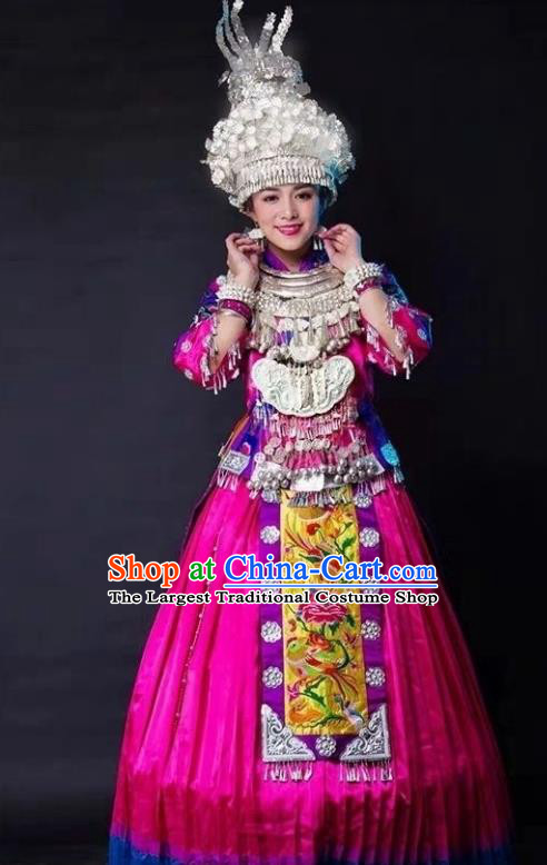 China Nationality Minority Folk Dance Rosy Blouse and Skirt Clothing Traditional Miao Ethnic Women Apparels with Headpieces