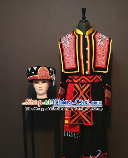 China Traditional Guizhou Miao Nationality Costumes Xiangxi Ethnic Folk Dance Clothing Minority Men Black Vest Shirt Pants and Headdress