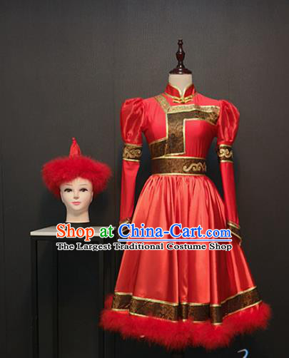 Custom China Mongolian Ethnic Clothing Mongol Nationality Folk Dance Red Dress Traditional Minority Costumes and Hat