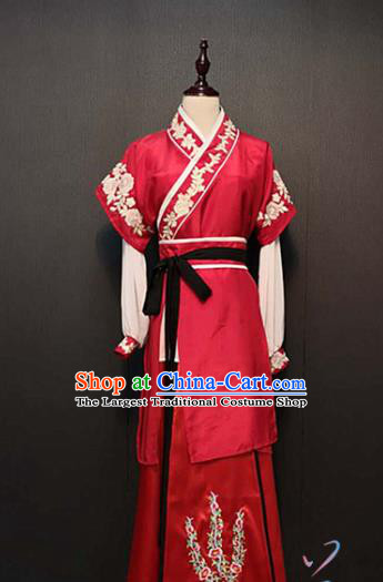 China Ancient Servant Girl Red Dress Traditional Drama Ming Dynasty Swordswoman Costume