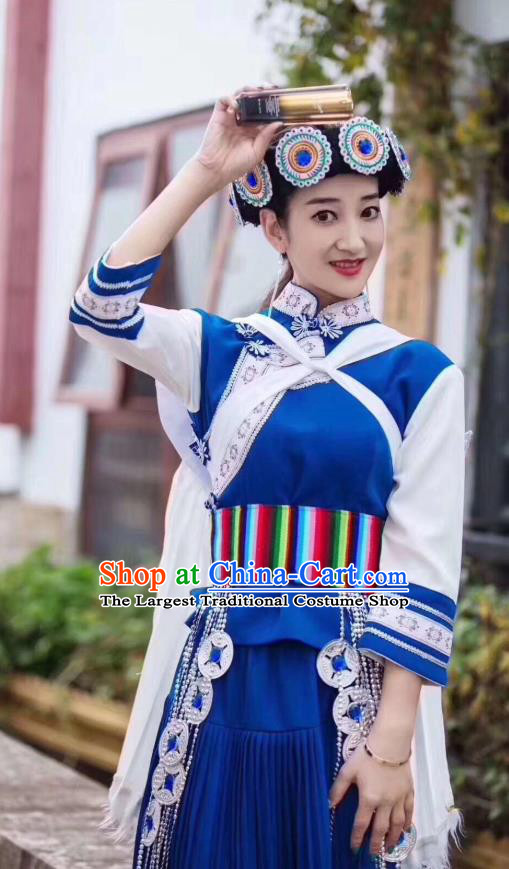 Custom China Yunnan Ethnic Folk Dance Clothing Traditional Nahsi Minority Costumes Naxi Nationality Wedding Apparels and Headwear