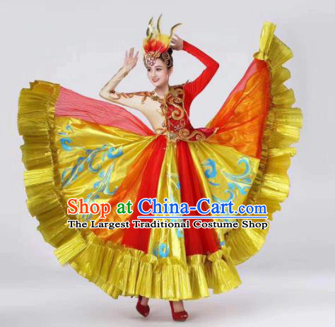 China Spring Festival Gala Dance Golden Dress Traditional Dance Costume Folk Dance Performance Clothing and Headwear