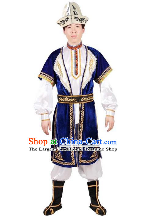 Custom China Ethnic Dance Clothing Traditional Minority Men Costumes Kazak Nationality Blue Vest Shirt Pants and Hat