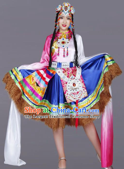 Custom China Zang Ethnic Dance Clothing Traditional Minority Dress Tibetan Nationality Water Sleeve Costumes and Headwear