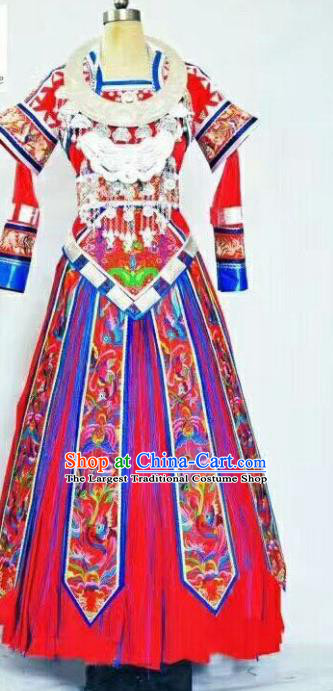 Custom China Miao Ethnic Wedding Clothing Traditional Minority Dance Costumes Hmong Nationality Bride Red Dress and Headdress