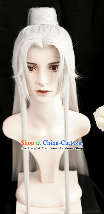 Best Chinese Drama Cosplay Swordsman White Wig Sheath China Quality Front Lace Wigs Ancient Taoist Priest Wig