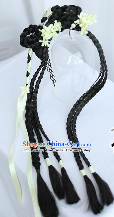 Chinese Song Dynasty Village Girl Hairpiece Quality Wig Sheath China Ancient Cosplay Swordswoman Huang Rong Braid Wigs Hair Clasp