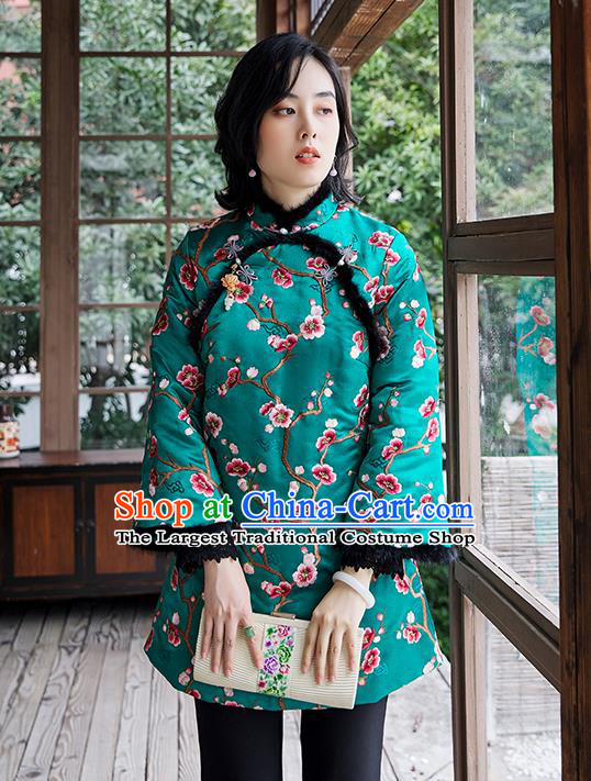 Chinese Embroidered Plum Blossom Green Cotton Padded Jacket National Women Silk Outer Garment Traditional Costume