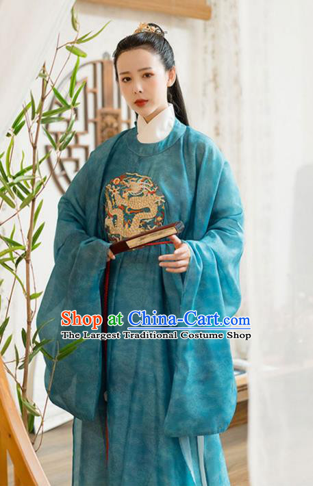 Chinese Song Dynasty Noble Childe Historical Costumes Traditional Ancient Prince Hanfu Apparels Blue Robe and Underwear for Men