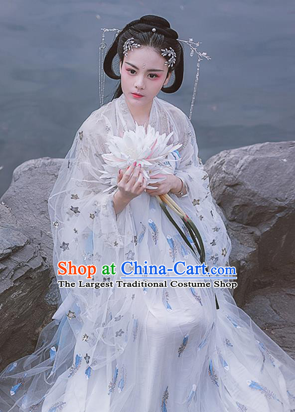 China Traditional Tang Dynasty Princess Historical Costumes Ancient Goddess White Hanfu Dress for Women