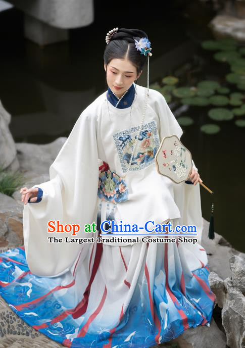 Chinese Ming Dynasty Countess Historical Costumes Traditional Ancient Patrician Women Hanfu Apparels Embroidered White Blouse and Skirt