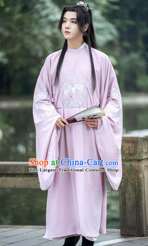 Ancient China Costumes Traditional Ming Dynasty Royal Prince Pink Round Collar Robe for Men