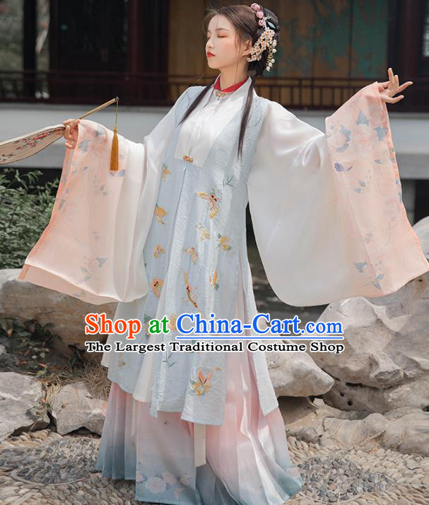 Chinese Ancient Costumes Traditional Ming Dynasty Rich Female Embroidered Vest Long Gown and Skirt Complete Set