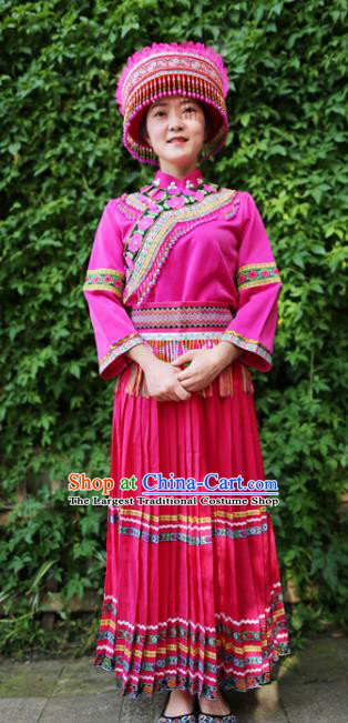 Traditional Ethnic Women Rosy Uniforms Embroidered Waistband China Yunnan Lisu Nationality Blouse and Long Skirt with Headwear